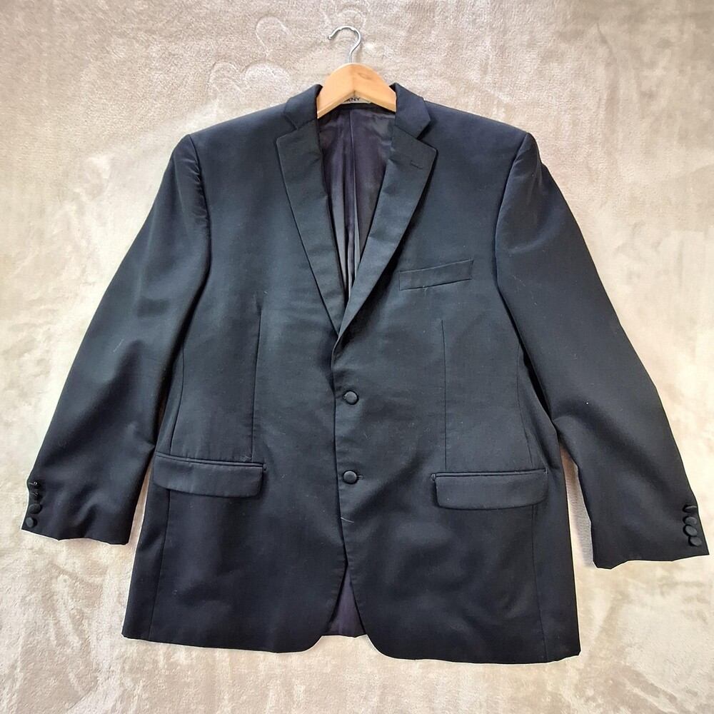 DKNY Blazer Jacket Mens 48R Black Wool Blend Two Button Notch Lapel Sport Coat